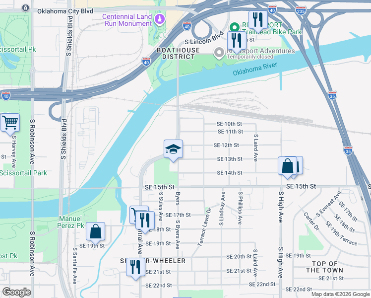 map of restaurants, bars, coffee shops, grocery stores, and more near 512 SE 12th St in Oklahoma City