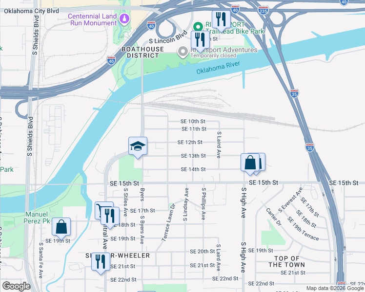 map of restaurants, bars, coffee shops, grocery stores, and more near 628 Southeast 12th Street in Oklahoma City
