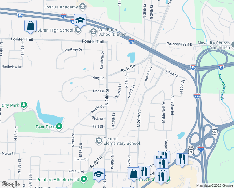 map of restaurants, bars, coffee shops, grocery stores, and more near 1305 North 25th Street in Van Buren
