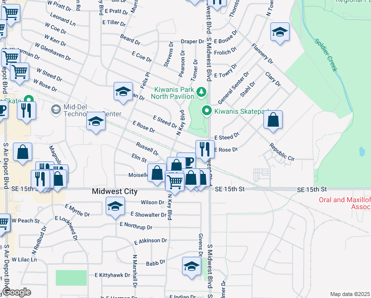 map of restaurants, bars, coffee shops, grocery stores, and more near 516 E Rose Dr in Midwest City