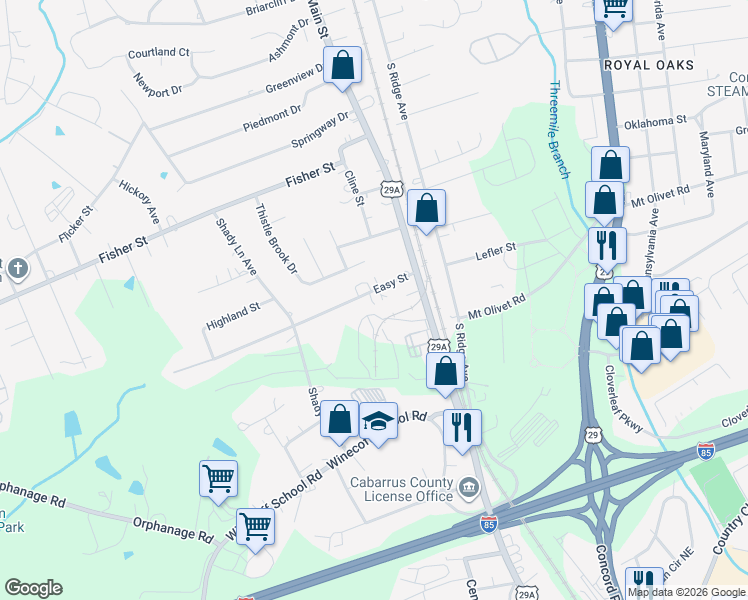 map of restaurants, bars, coffee shops, grocery stores, and more near 111 Easy Street in Concord