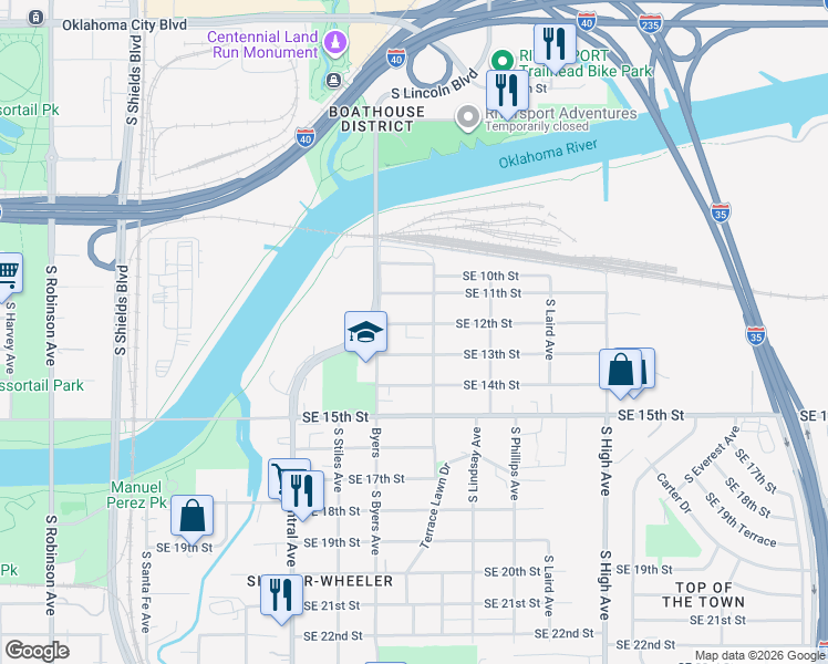 map of restaurants, bars, coffee shops, grocery stores, and more near 605 Southeast 12th Street in Oklahoma City