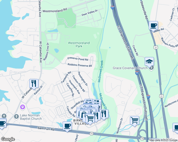 map of restaurants, bars, coffee shops, grocery stores, and more near 17315 Inglewood Lane in Huntersville