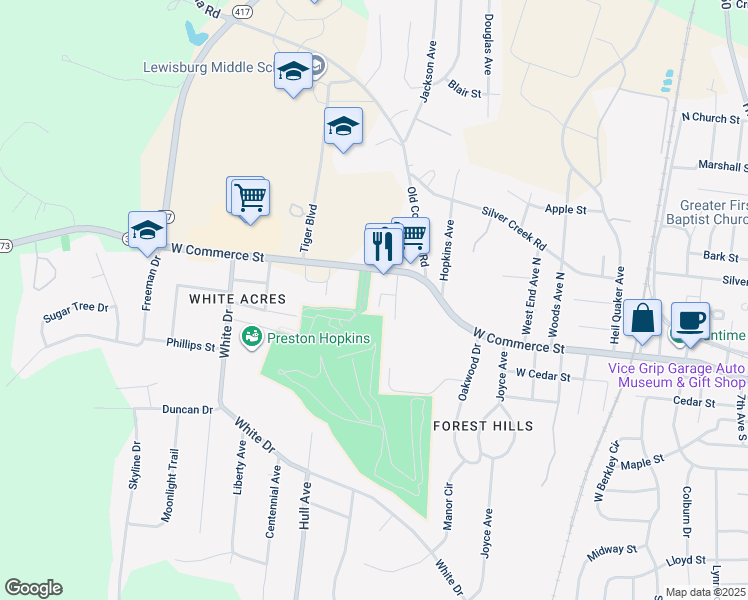 map of restaurants, bars, coffee shops, grocery stores, and more near 1527 Mooresville Highway in Lewisburg