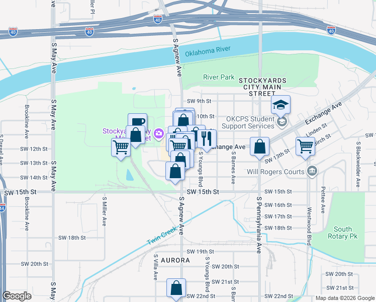 map of restaurants, bars, coffee shops, grocery stores, and more near 2224 Exchange Avenue in Oklahoma City