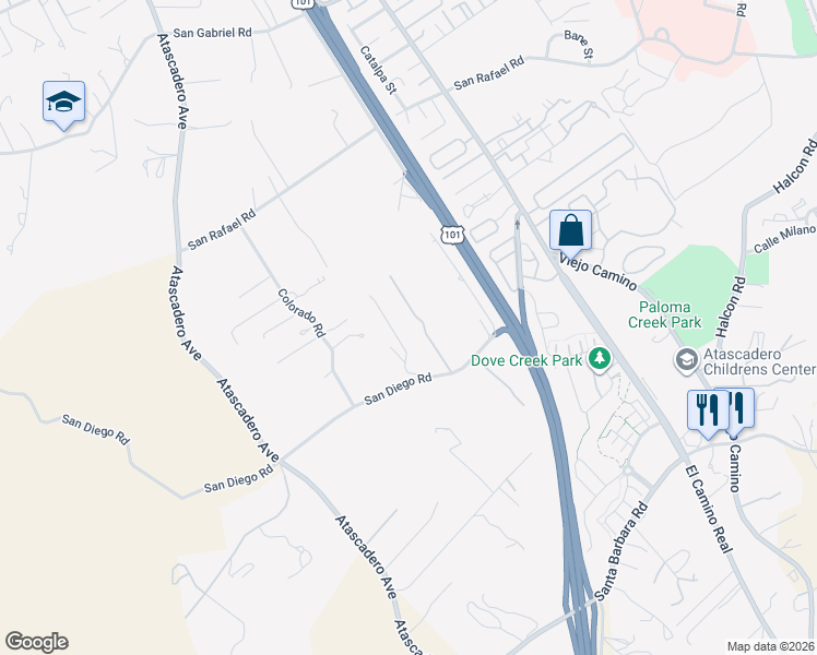 map of restaurants, bars, coffee shops, grocery stores, and more near 9123 San Diego Road in Atascadero