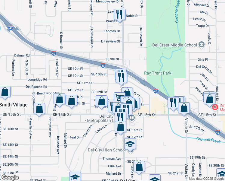 map of restaurants, bars, coffee shops, grocery stores, and more near 4105 Southeast 12th Street in Del City