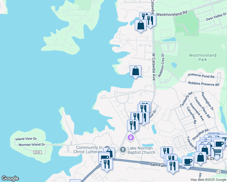 map of restaurants, bars, coffee shops, grocery stores, and more near 18595 Vineyard Point Lane in Cornelius