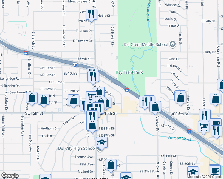 map of restaurants, bars, coffee shops, grocery stores, and more near 4365 Woodedge Drive in Del City