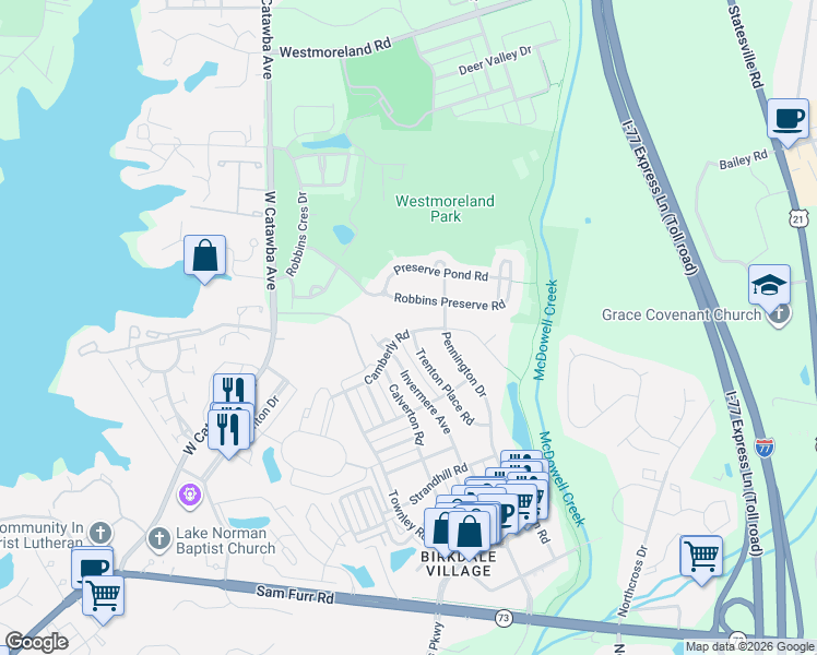 map of restaurants, bars, coffee shops, grocery stores, and more near 8531 Camberly Road in Huntersville