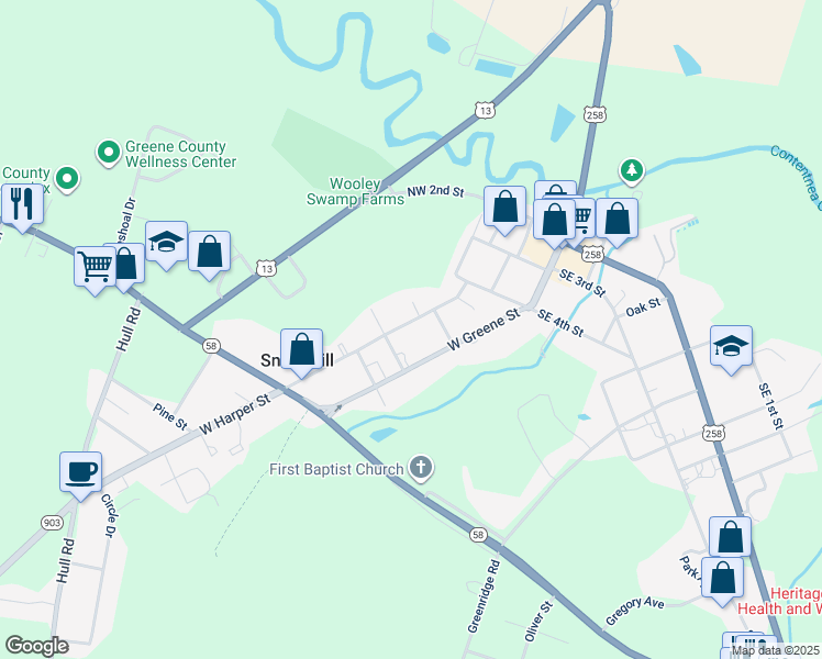 map of restaurants, bars, coffee shops, grocery stores, and more near 210 West Harper Street in Snow Hill