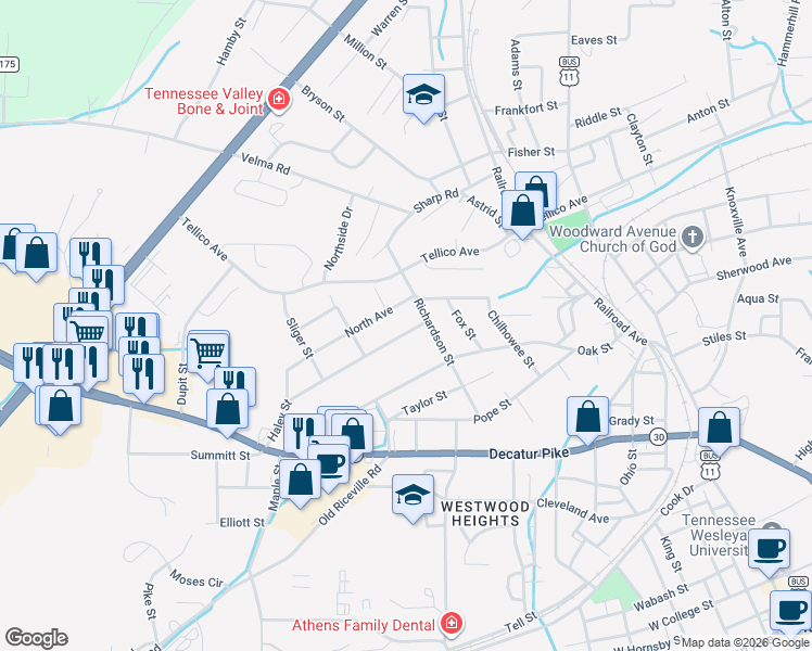 map of restaurants, bars, coffee shops, grocery stores, and more near 610 Haley Street in Athens