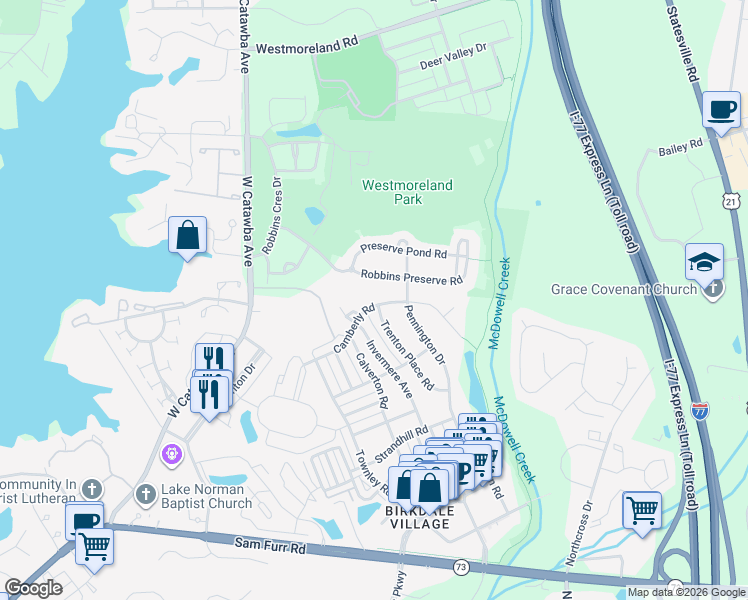 map of restaurants, bars, coffee shops, grocery stores, and more near 8531 Camberly Road in Huntersville