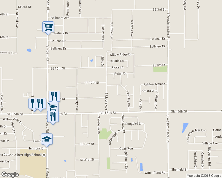 map of restaurants, bars, coffee shops, grocery stores, and more near 1212 South Moore Avenue in Midwest City