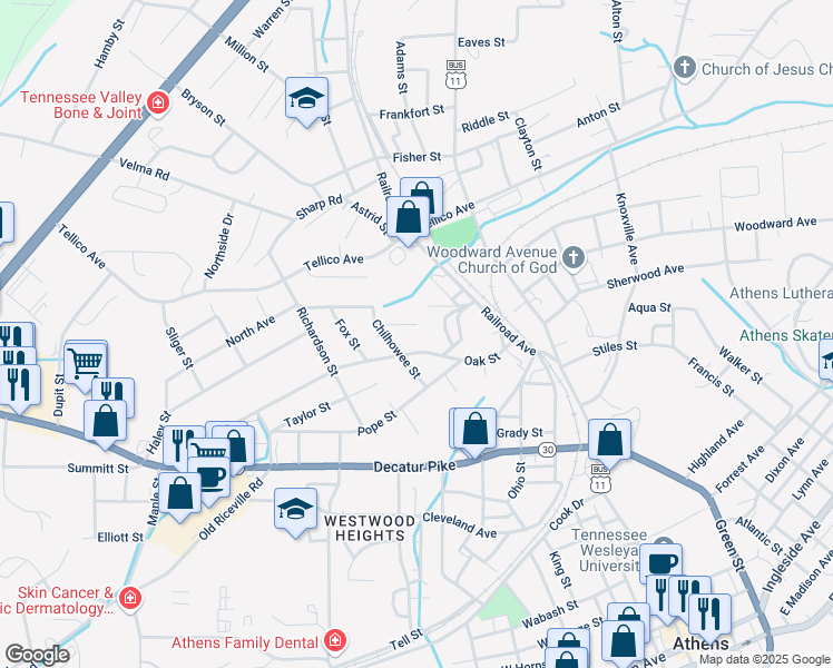 map of restaurants, bars, coffee shops, grocery stores, and more near 311 Berger Street in Athens