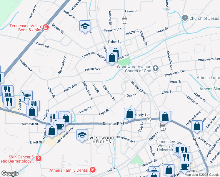 map of restaurants, bars, coffee shops, grocery stores, and more near 311 Berger Street in Athens