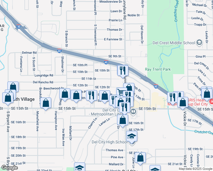 map of restaurants, bars, coffee shops, grocery stores, and more near 4017 Southeast 12th Street in Del City