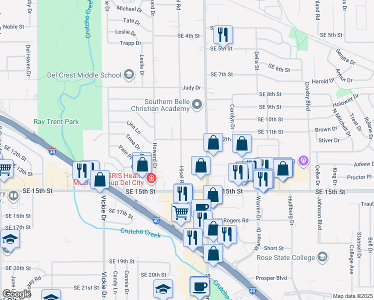 map of restaurants, bars, coffee shops, grocery stores, and more near 1326 Hisel Road in Del City