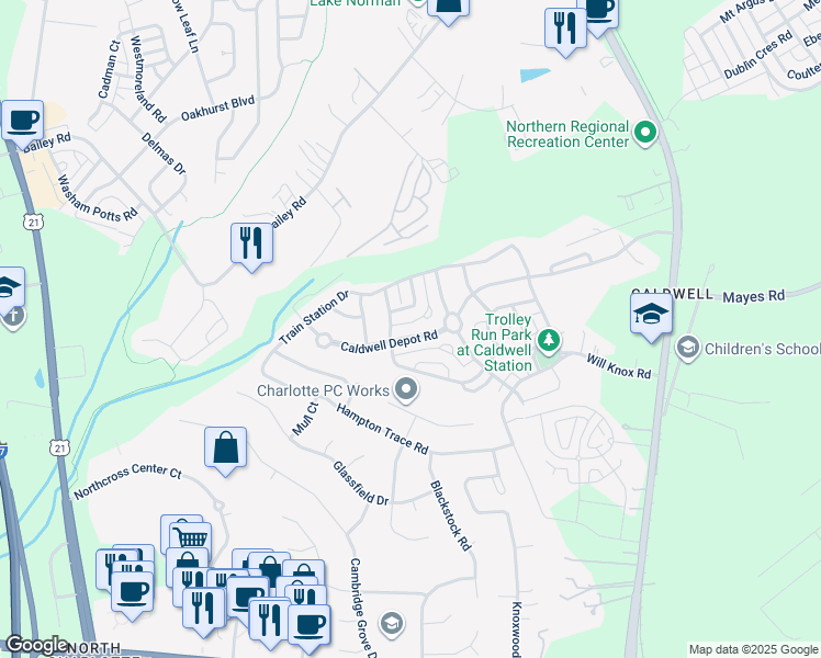 map of restaurants, bars, coffee shops, grocery stores, and more near 10021 Caldwell Depot Road in Cornelius