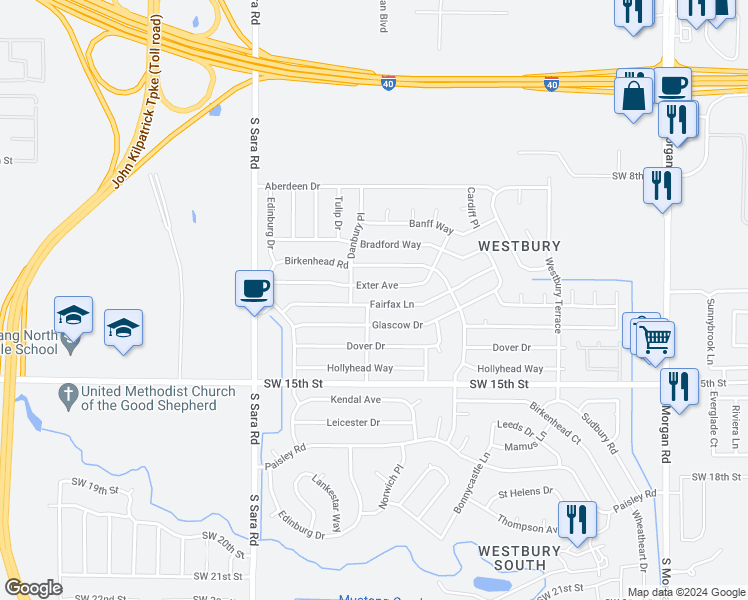 map of restaurants, bars, coffee shops, grocery stores, and more near 10327 Fairfax Lane in Yukon