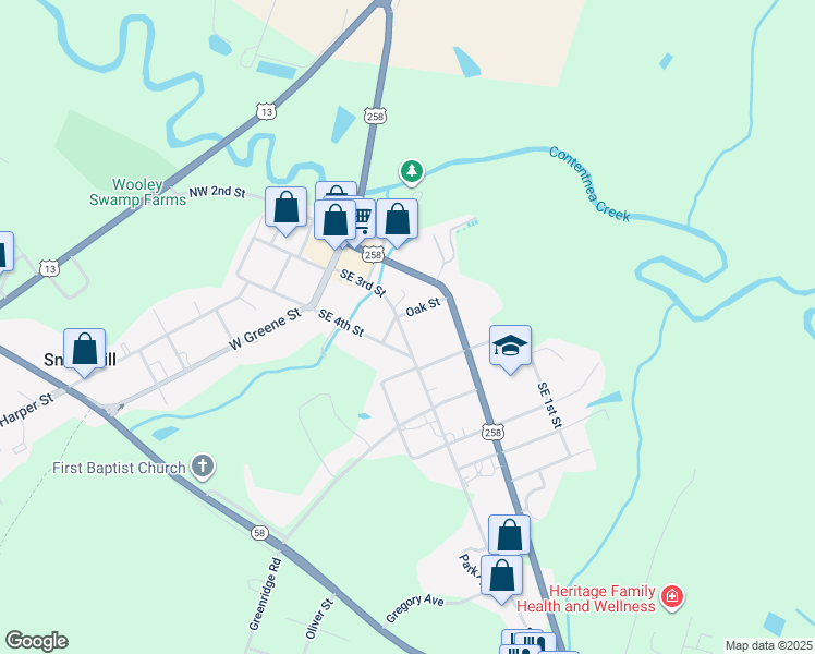 map of restaurants, bars, coffee shops, grocery stores, and more near 304 Southeast 3rd Street in Snow Hill
