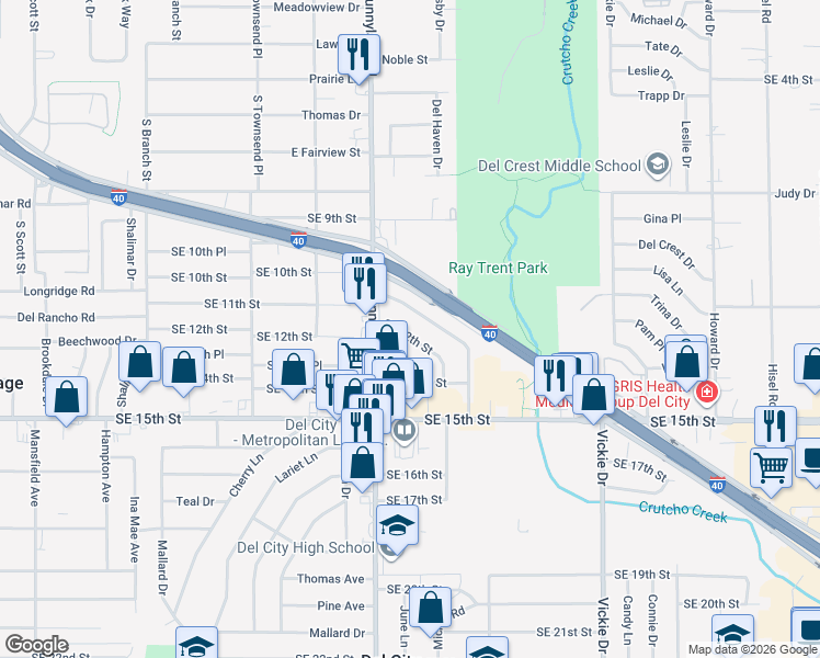 map of restaurants, bars, coffee shops, grocery stores, and more near 4321 Southeast 12th Street in Del City