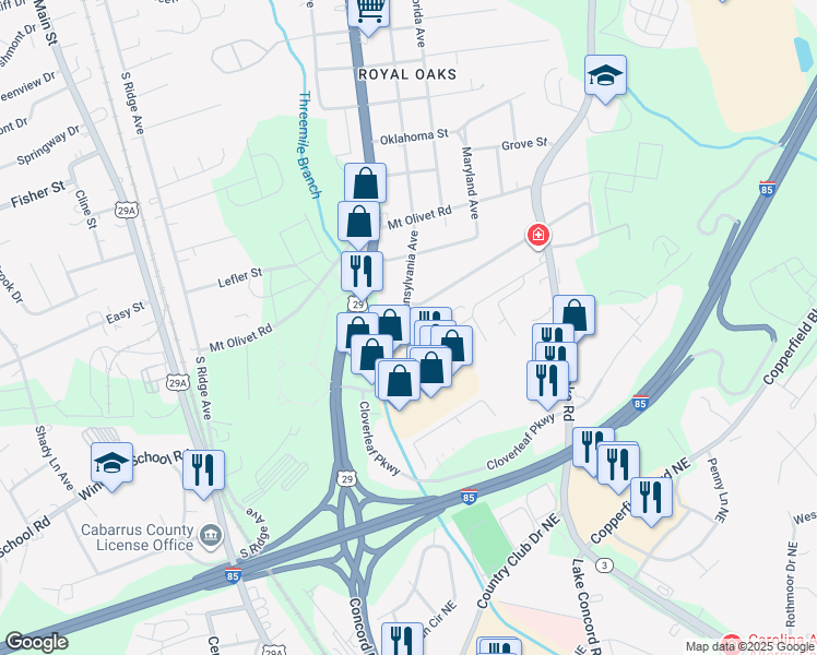 map of restaurants, bars, coffee shops, grocery stores, and more near 3003 Pennsylvania Avenue in Kannapolis