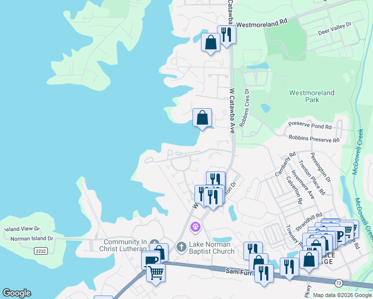 map of restaurants, bars, coffee shops, grocery stores, and more near 18773 Vineyard Point Lane in Cornelius