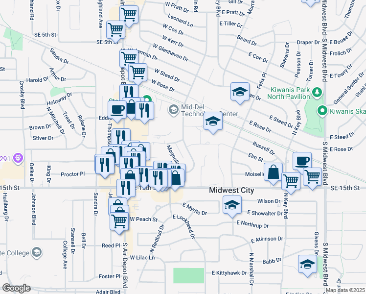 map of restaurants, bars, coffee shops, grocery stores, and more near 1447 Maple Drive in Midwest City