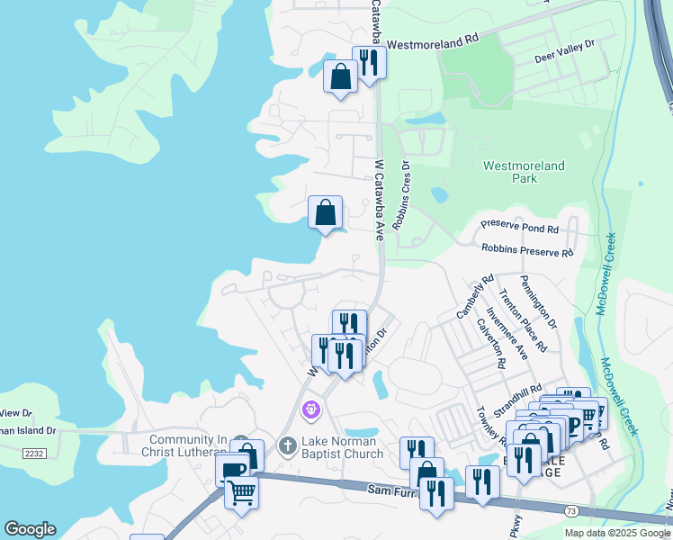 map of restaurants, bars, coffee shops, grocery stores, and more near 17447 Tuscany Lane in Cornelius