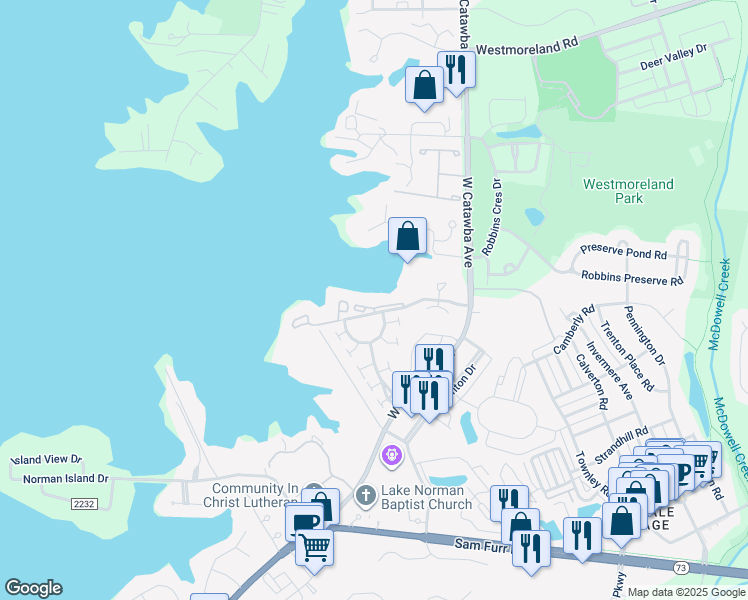 map of restaurants, bars, coffee shops, grocery stores, and more near 18773 Vineyard Point Lane in Cornelius