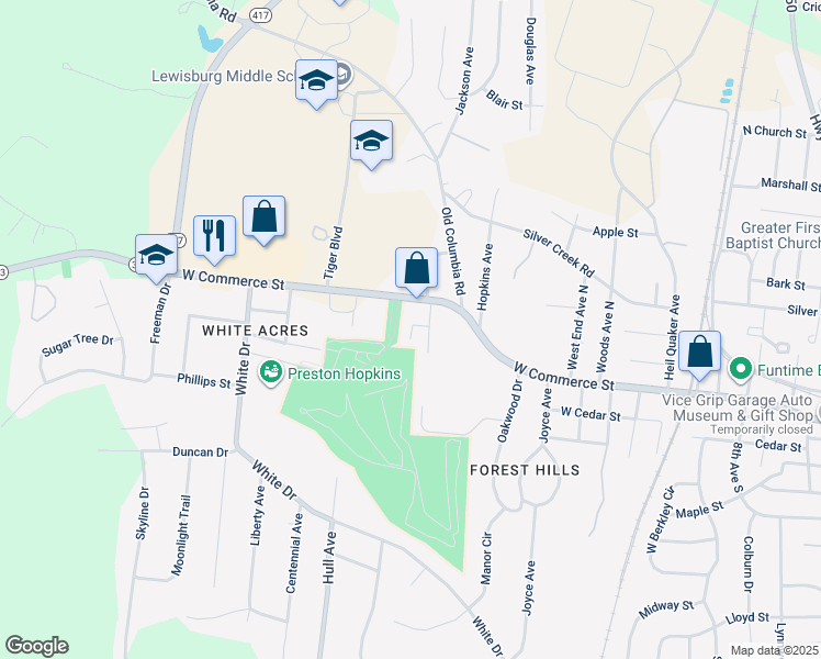 map of restaurants, bars, coffee shops, grocery stores, and more near 1527 Mooresville Highway in Lewisburg