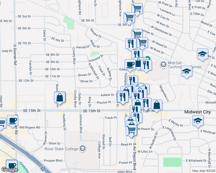 map of restaurants, bars, coffee shops, grocery stores, and more near 620 Mitchell Drive in Midwest City