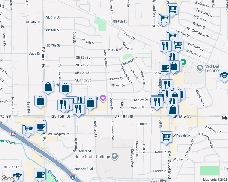map of restaurants, bars, coffee shops, grocery stores, and more near 941 Rulane Drive in Midwest City
