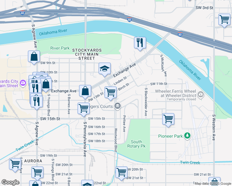 map of restaurants, bars, coffee shops, grocery stores, and more near 1638 Birch Street in Oklahoma City