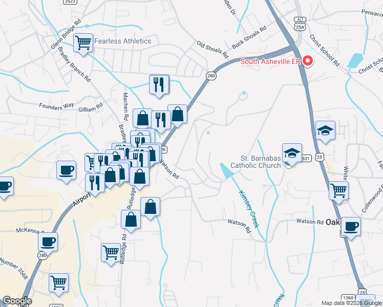 map of restaurants, bars, coffee shops, grocery stores, and more near 1175 Lower Laurel Drive in Arden