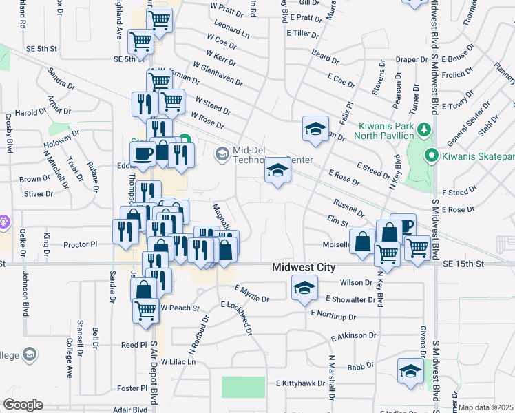 map of restaurants, bars, coffee shops, grocery stores, and more near 210 Elm Street in Midwest City