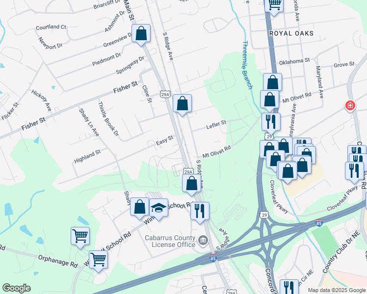 map of restaurants, bars, coffee shops, grocery stores, and more near 2819 South Main Street in Concord