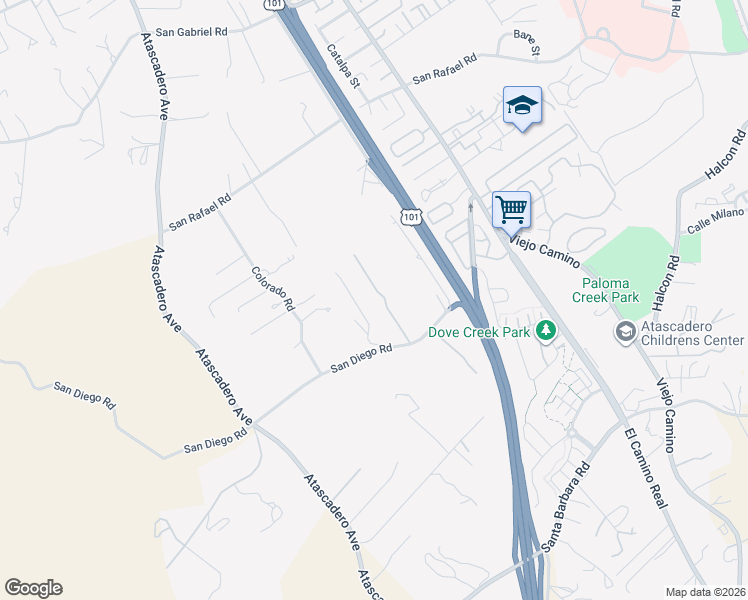 map of restaurants, bars, coffee shops, grocery stores, and more near 9123 San Diego Road in Atascadero