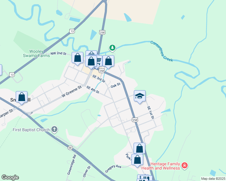 map of restaurants, bars, coffee shops, grocery stores, and more near 304 Southeast 3rd Street in Snow Hill
