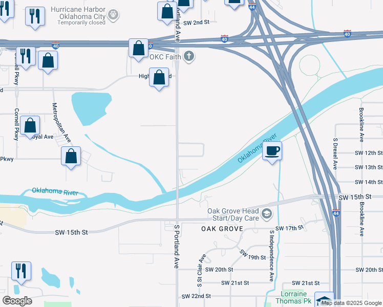 map of restaurants, bars, coffee shops, grocery stores, and more near 3615 Southwest 12th Street in Oklahoma City