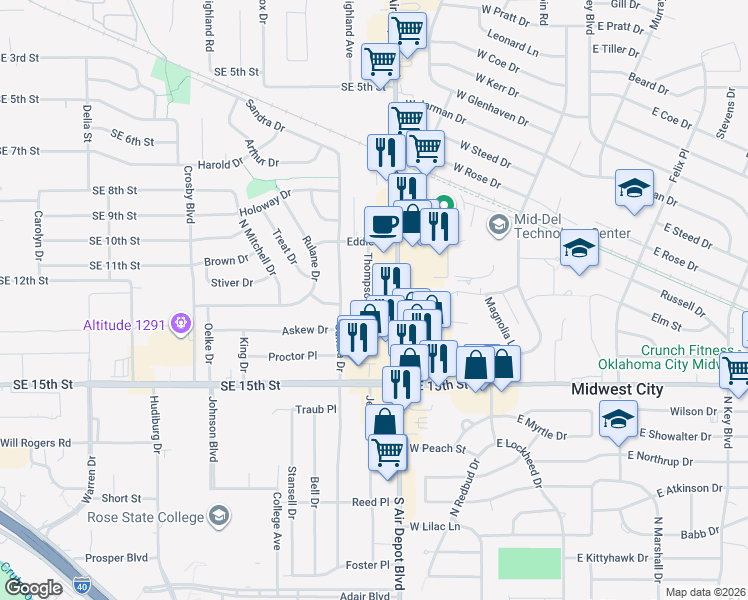 map of restaurants, bars, coffee shops, grocery stores, and more near 1624 Thompson Drive in Midwest City