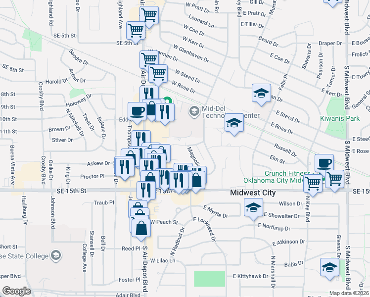 map of restaurants, bars, coffee shops, grocery stores, and more near 1425 Magnolia Lane in Midwest City