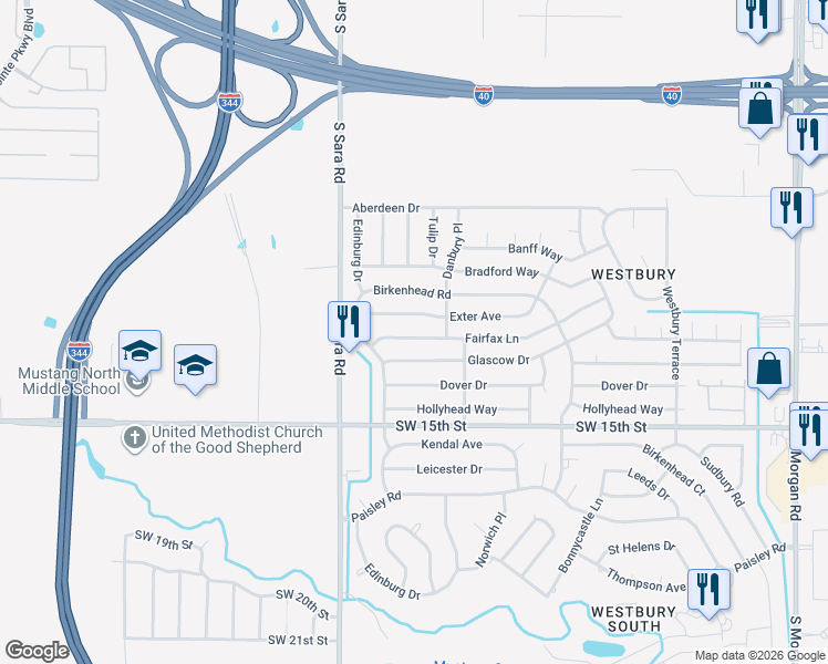 map of restaurants, bars, coffee shops, grocery stores, and more near 10421 Fairfax Lane in Yukon