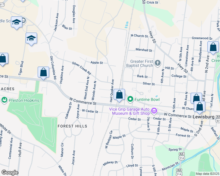 map of restaurants, bars, coffee shops, grocery stores, and more near 220 Heil Quaker Avenue in Lewisburg
