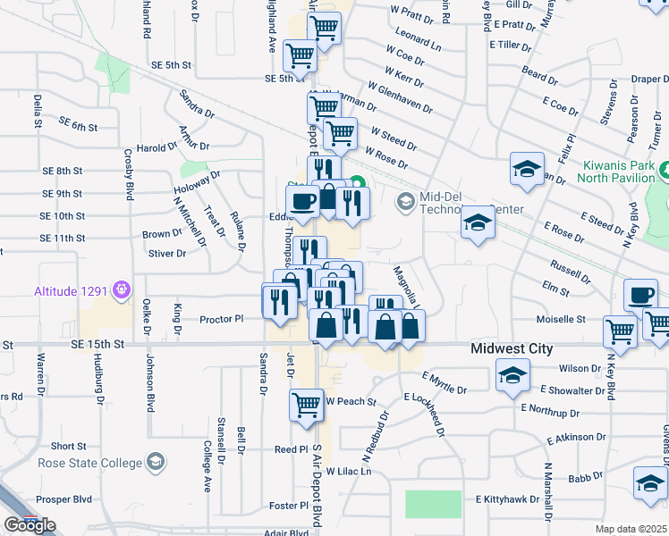 map of restaurants, bars, coffee shops, grocery stores, and more near 1212 South Air Depot Boulevard in Midwest City