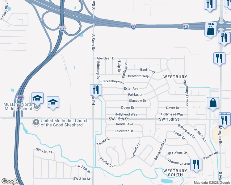 map of restaurants, bars, coffee shops, grocery stores, and more near 10421 Fairfax Lane in Yukon