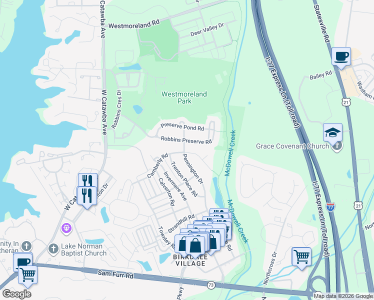map of restaurants, bars, coffee shops, grocery stores, and more near 8629 Camberly Road in Huntersville