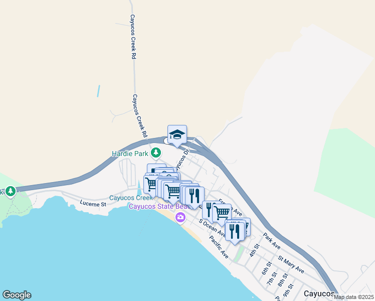map of restaurants, bars, coffee shops, grocery stores, and more near Cayucos Drive in Cayucos