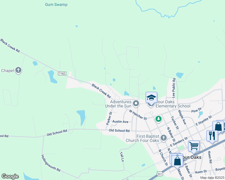 map of restaurants, bars, coffee shops, grocery stores, and more near 894 Black Creek Road in Four Oaks